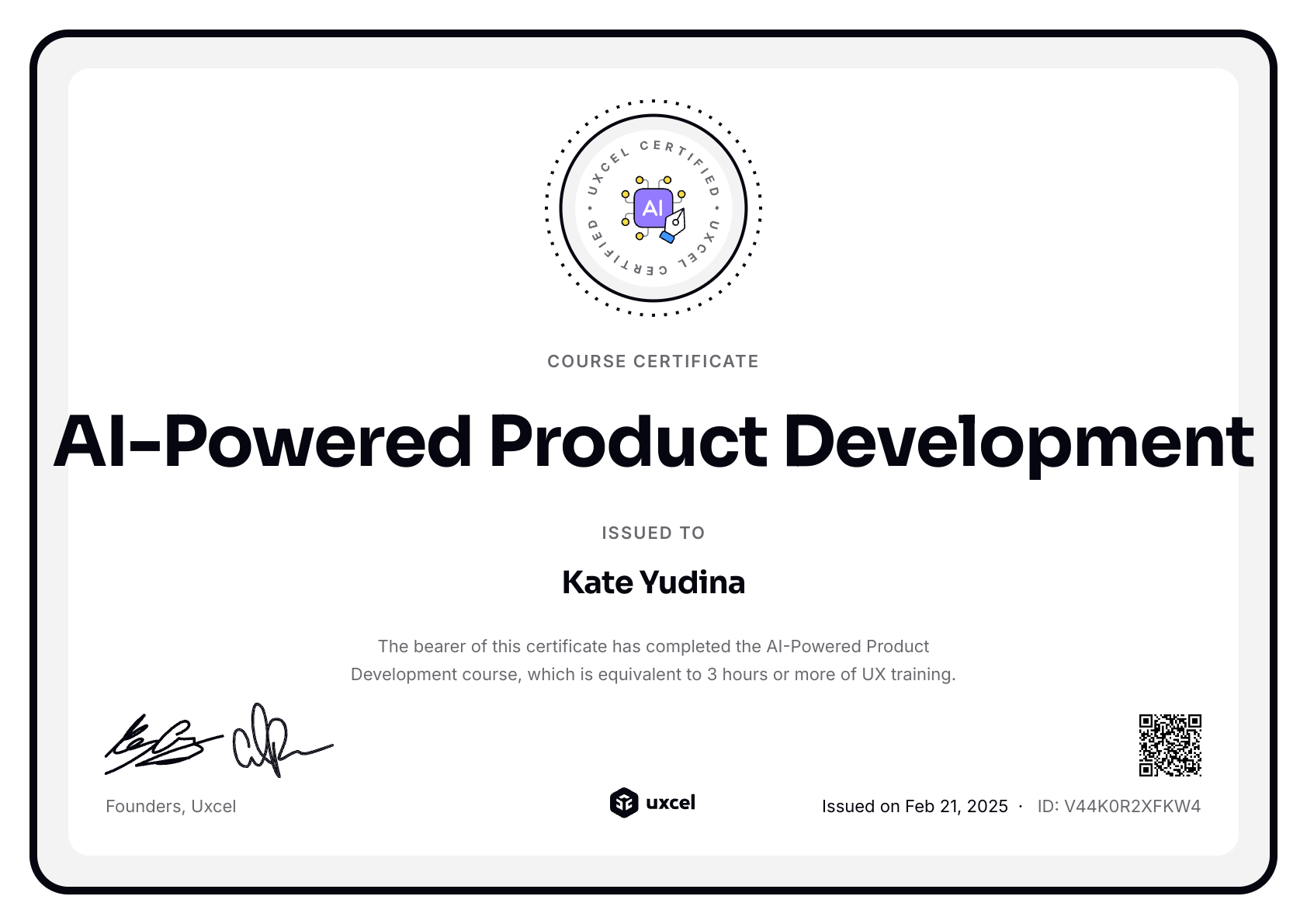 Kate Yudina's certificate